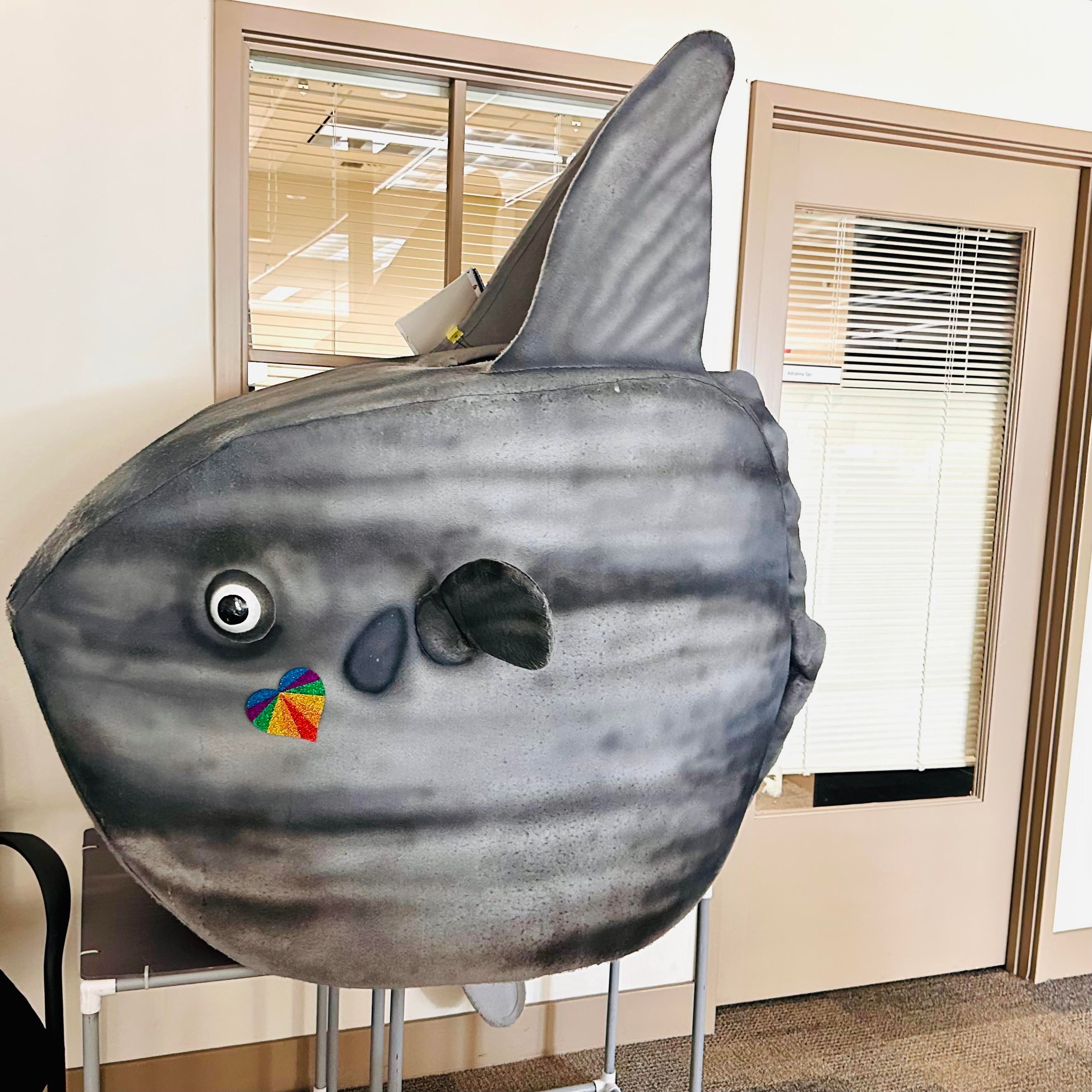 A photo of an office with a giant mola mola costume in front of it 