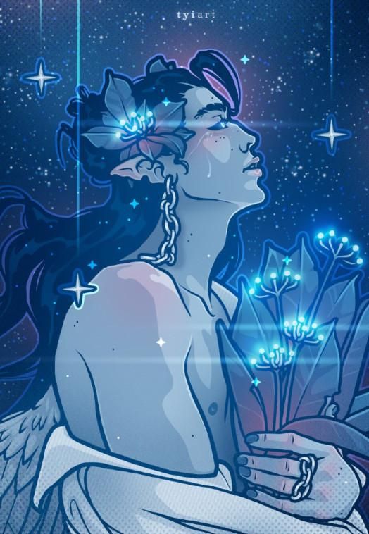 Bust drawing of my OC Isaiah, facing sideways as he's looking up at the night sky and crying softly, holding a bouquet of glowing flowers