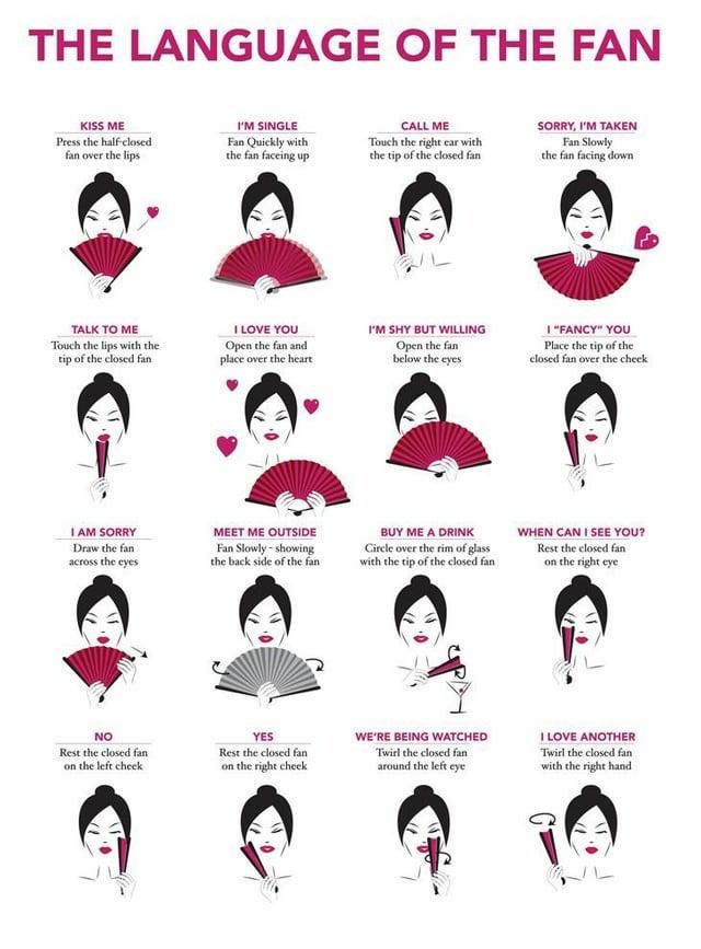A graphic showing various postures of hand fans, and how they might be interpreted. 