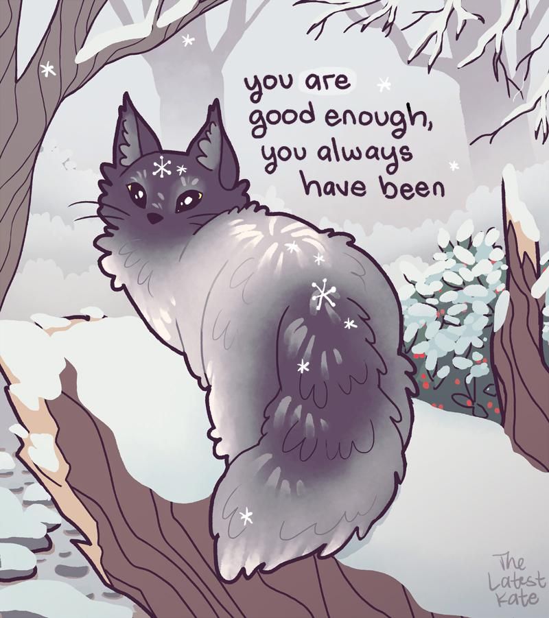 A drawing of a fluffy cat in the snow. The caption reads, "you are good enough, you always have been"