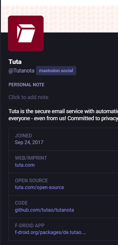 Cropped screenshot of Tutanota's profile as viewed from mstdn.games. There is no indication of verification.