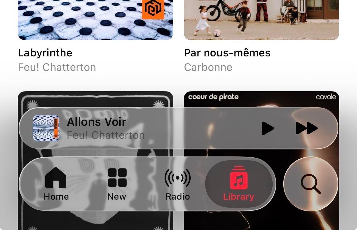 Noisy and low contrast Liquid Glass tab bar in Apple Music over some album arts.