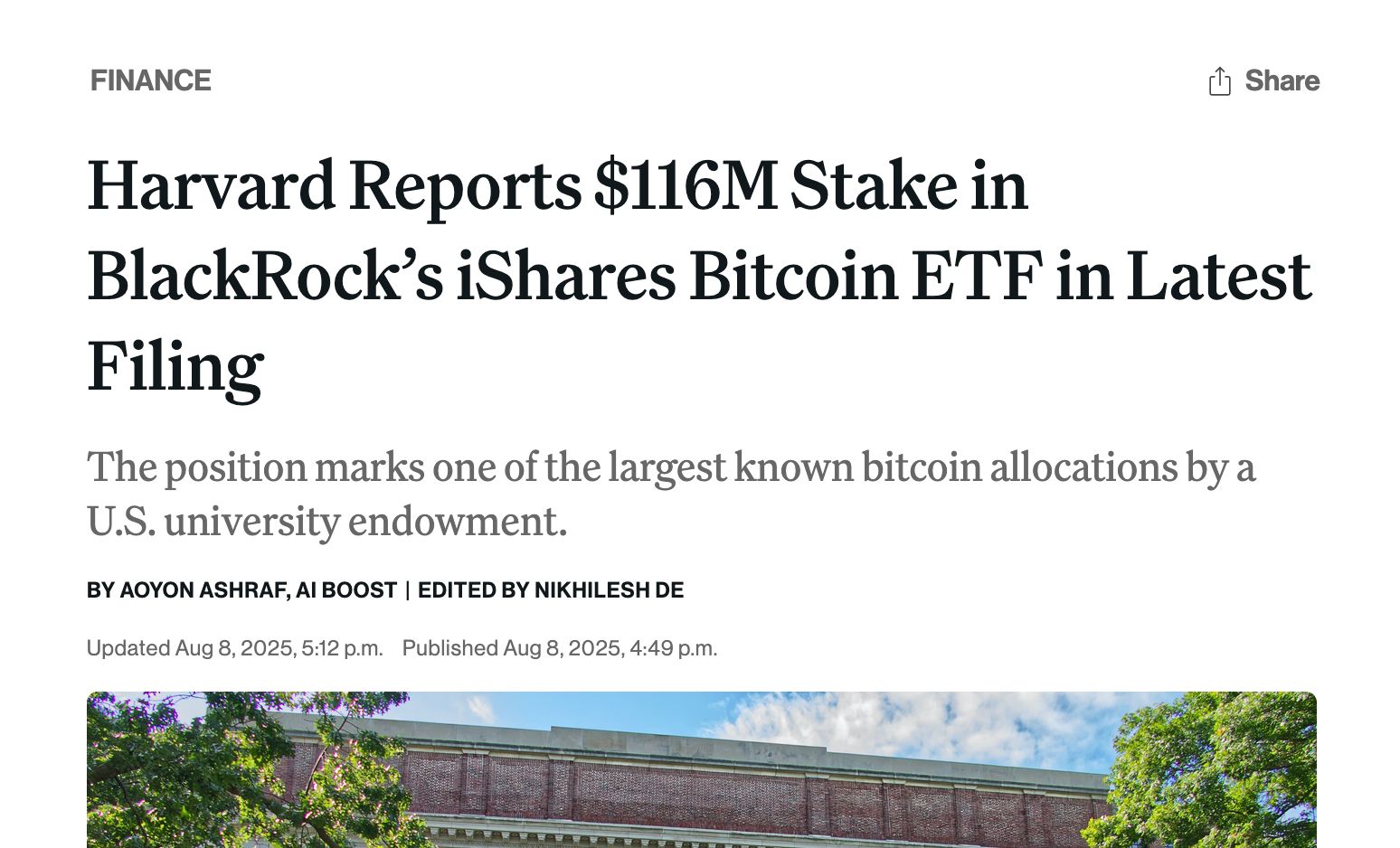 Harvard Reports $116M Stake in BlackRock’s iShares Bitcoin ETF in Latest Filing

The position marks one of the largest known bitcoin allocations by a U.S. university endowment.