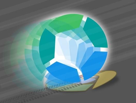 An illustration of the round blue and green Servo logo rolling over a breaking Chrome browser logo with speed lines in the background.