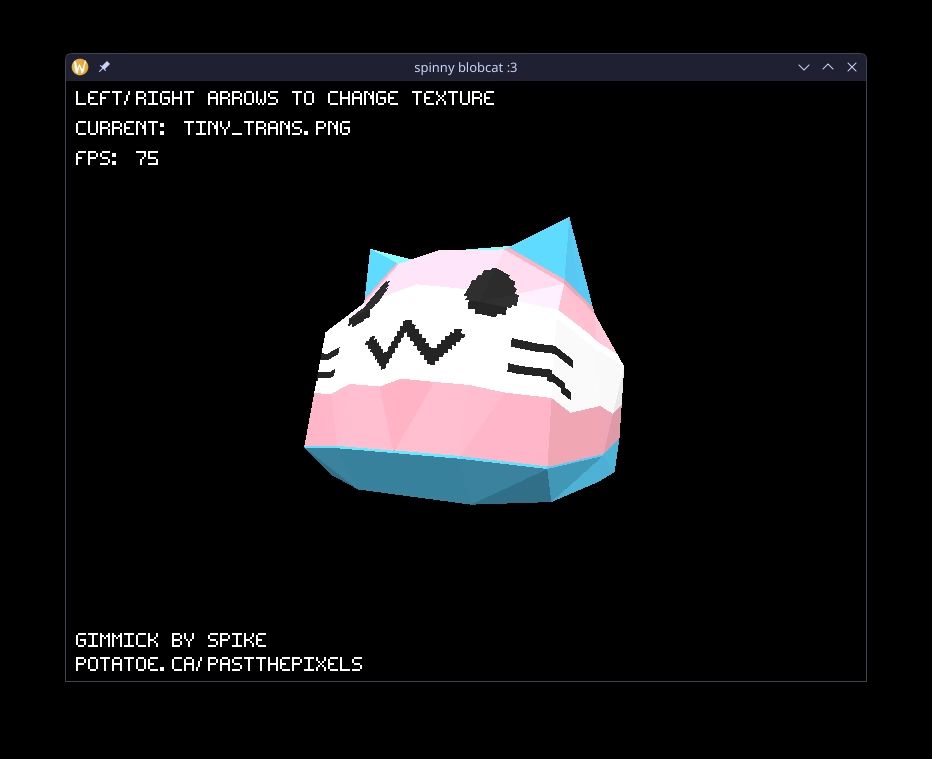 spinny blobcat with the trans flag. in the top corner are information about controls, the current texture, and frame rate.