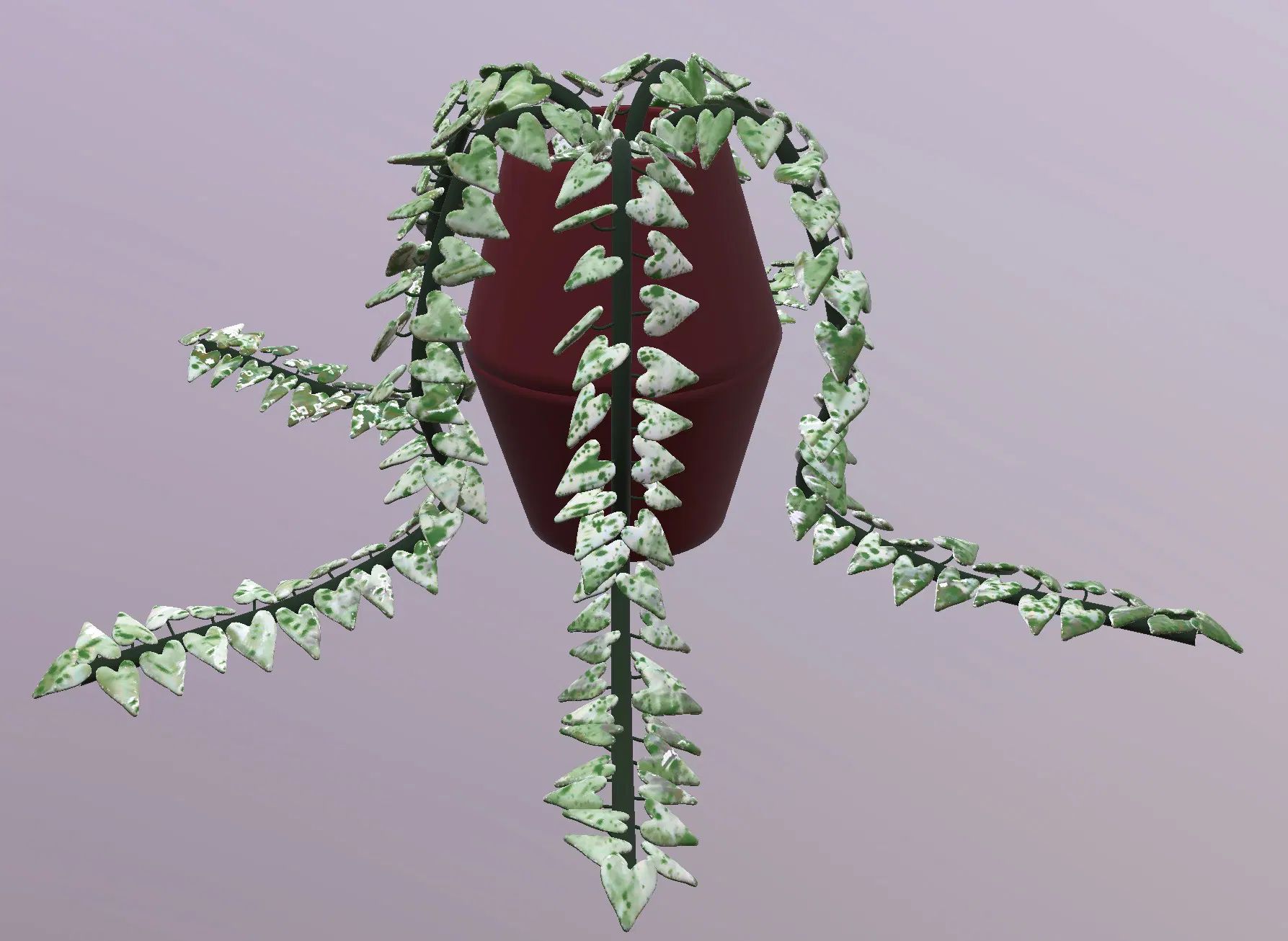 A basic little chain of hearts plant that I created when I was testing some 3D model workflows for my upcoming game. Not nearly as polished as the ceropegia woodii with realistic paint, but I still think it looks cute.

Created, painted, and rendered on iPad.