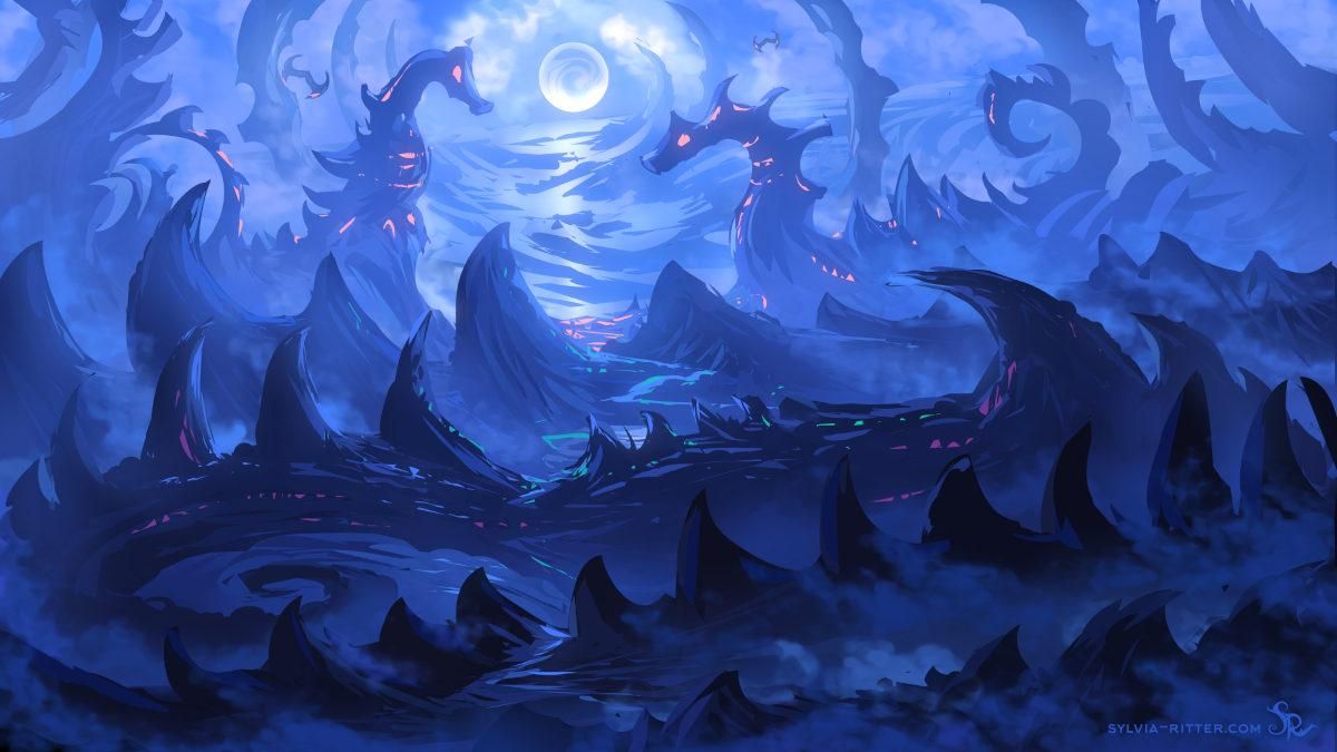 The blue planet where dragons and seahorses meet. It is freezing cold here. Many thorn-like structures lead you on a path to a harbor, guiding you through mountains until you reach the guardians of this place looking like dragon seahorses with pink glowing eyes. Are they alive, city buildings or gatekeepers? In the far distance we can see an alien moon shining light on the icy surface and clouds.

https://www.deviantart.com/sylviaritter/art/Speedpainting-17122025-1276302363