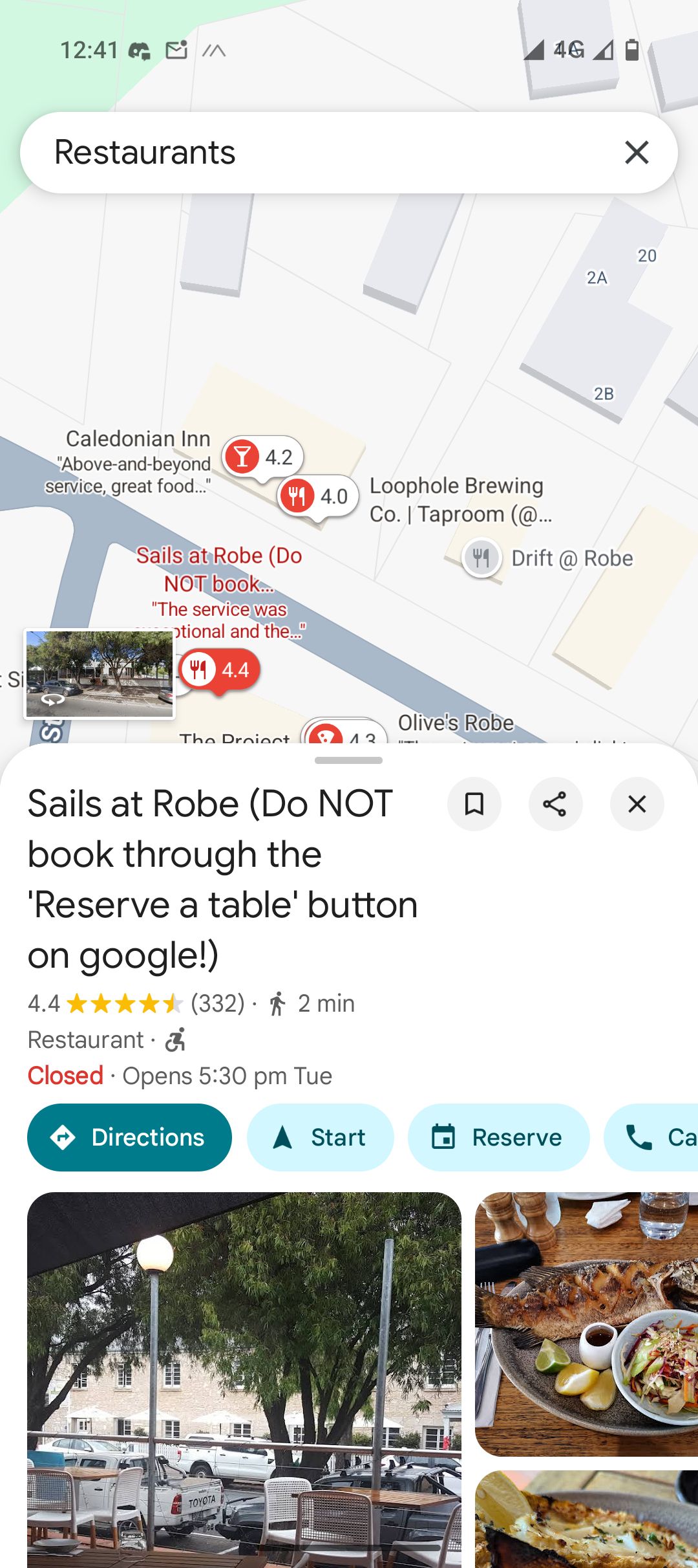 Google maps showing a restaurant listed as "Sails at Robe (Do NOT book through the 'Reserve a table' button on google!)"