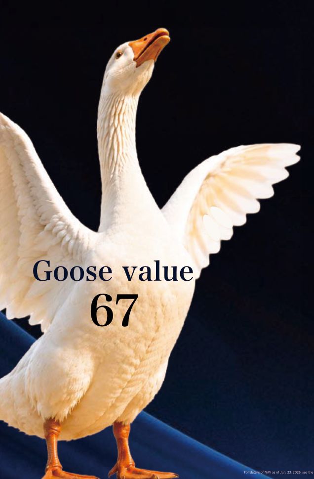 the SoftBank shareholders meeting slides, with the goose spreading its wings. the text on the goose says "Goose value 67"