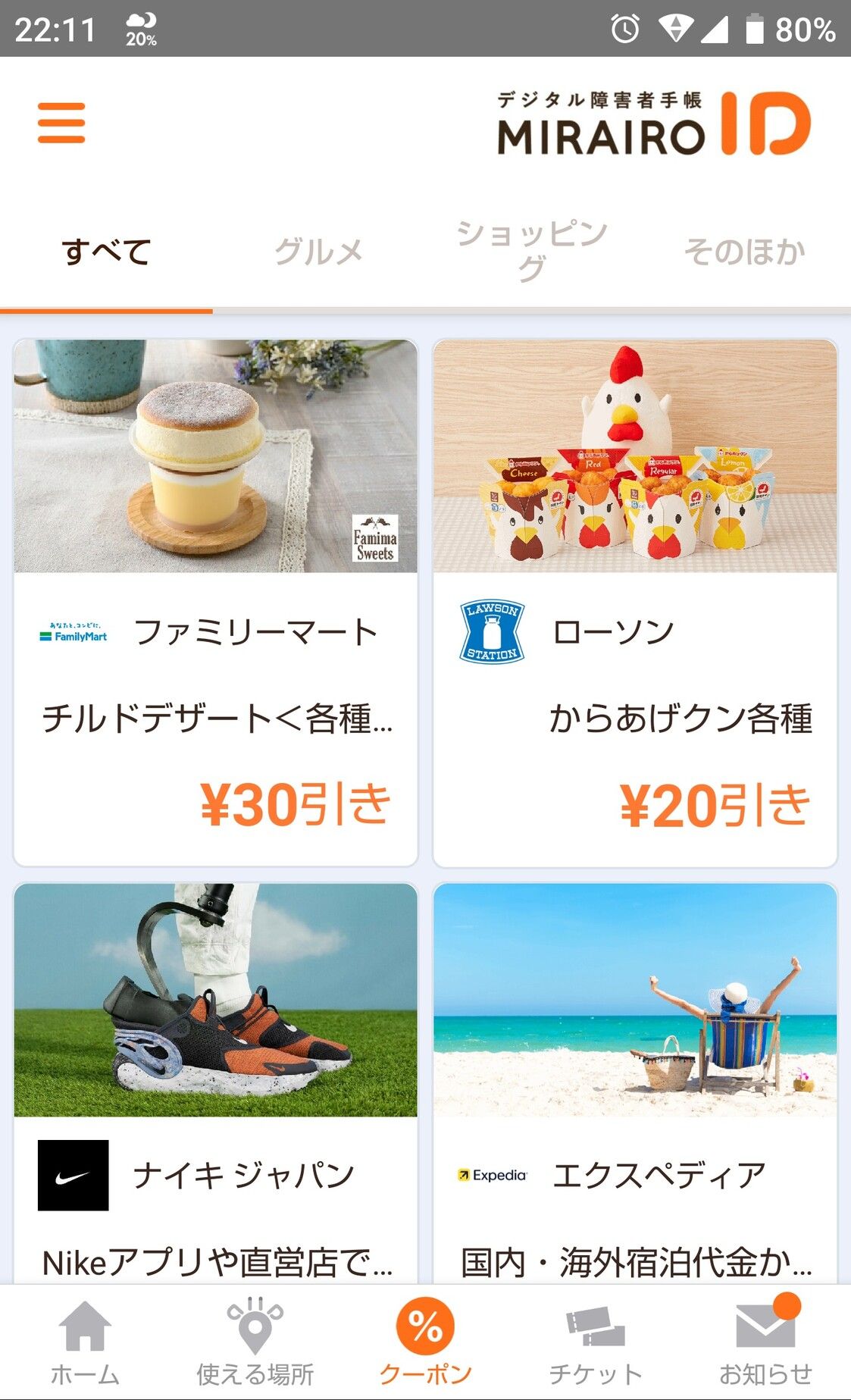Screenshot of the coupons page in the Mirairo ID app for holders of a Disability Card in Japan. 