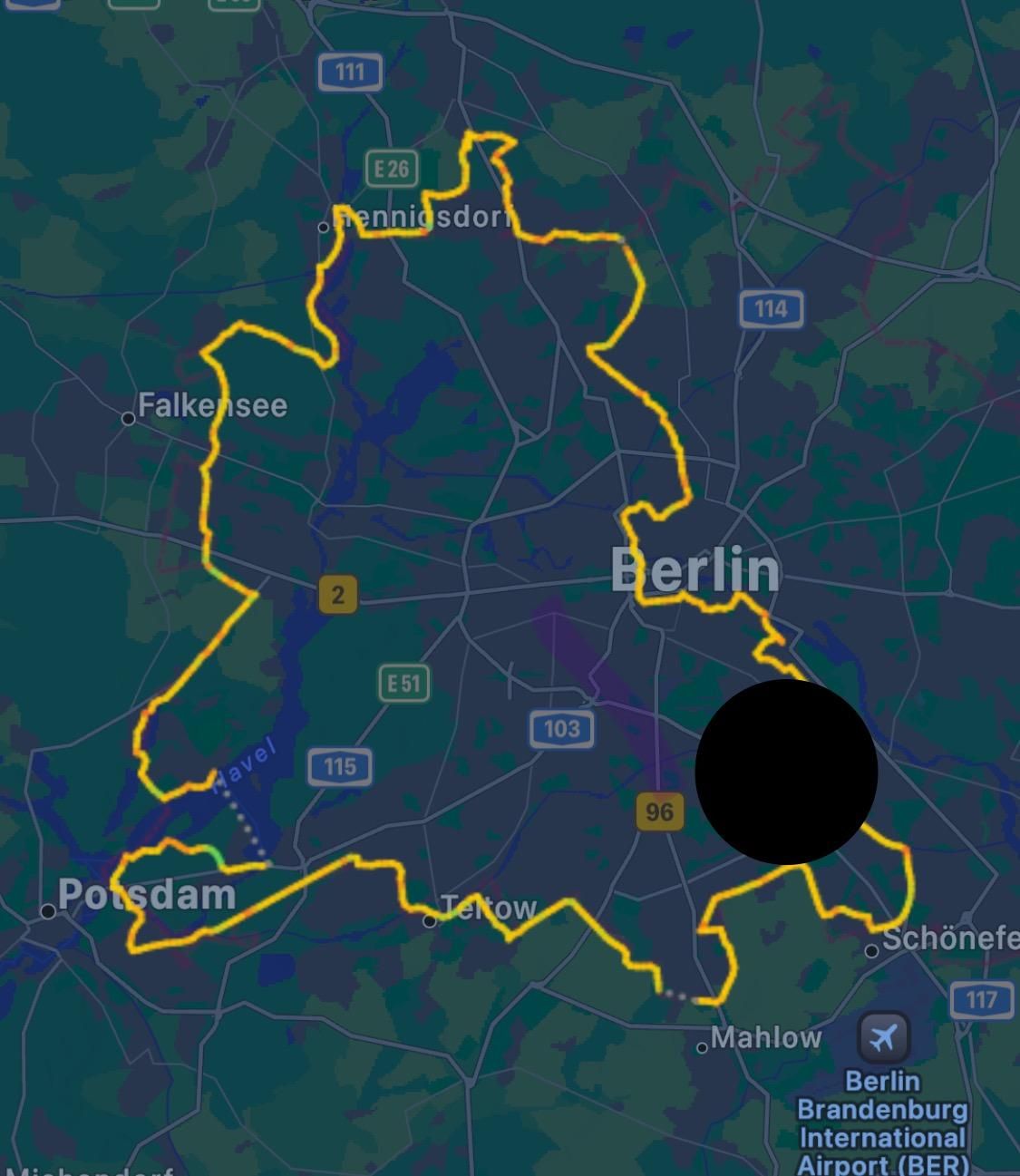 Map of Berlin with an irregular path traced around the western part of the city 