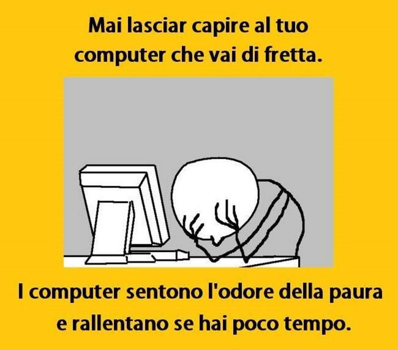 Vignetta: umano davanti ad un pc con la testa fra le mani. 
Scritta: mai lasciar capire al tuo computer che vai di fretta. 
I computer sentono l'odore della paura e rallentano se hai poco tempo. 
