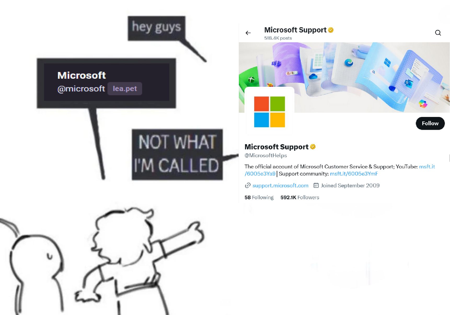 Microsoft Support account on Twitter: "hey guys"

Two stick figures: "@microsoft@lea.pet"

Microsoft Support: "NOT WHAT I'M CALLED"