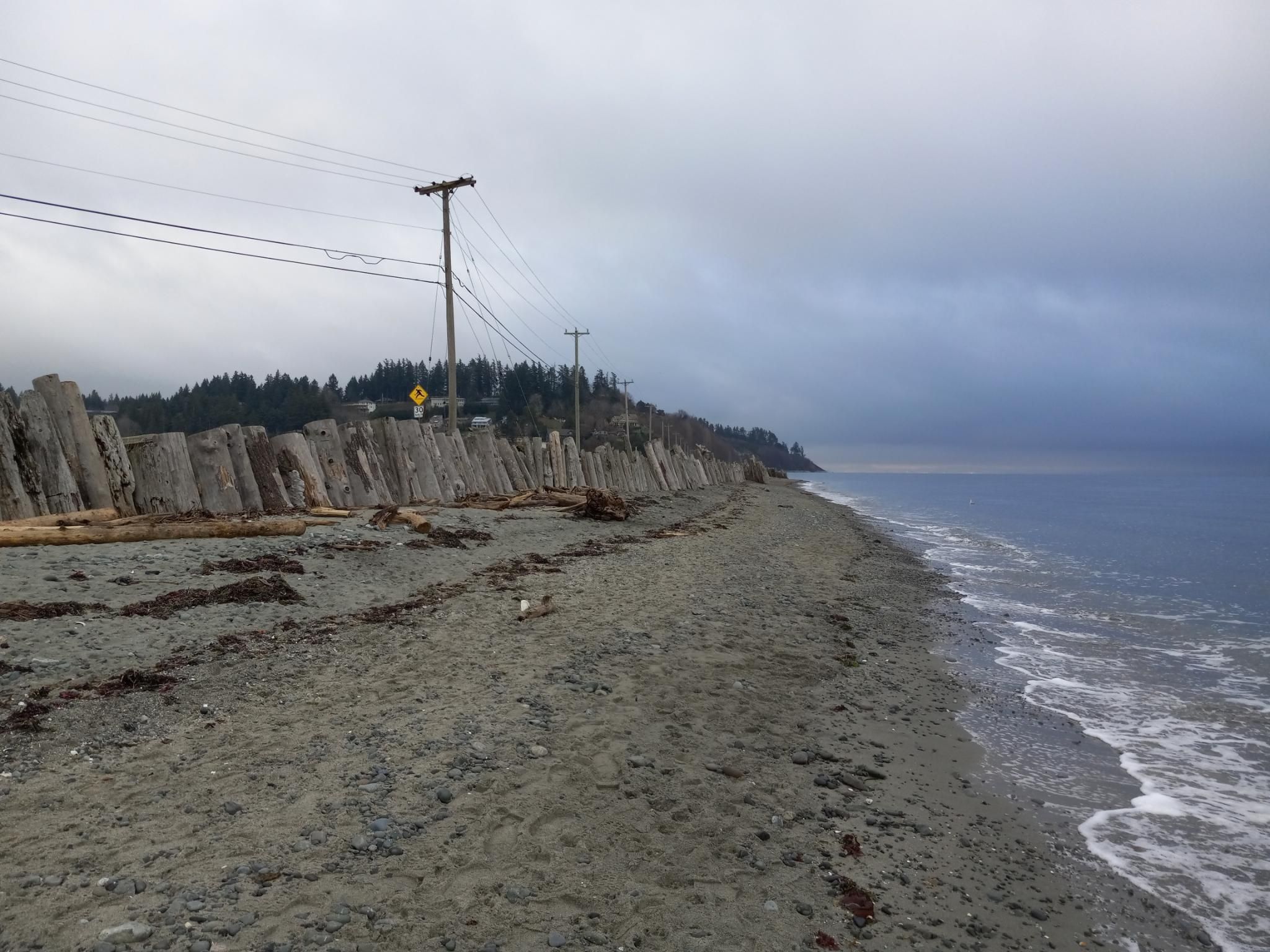 Looking down a long beach, with tiny waves crashing on one side, and a line of vertical driftwood built into a cool wall just above the high tide line.  There's a hill in the distance with trees and houses, and the sky is cloudy.