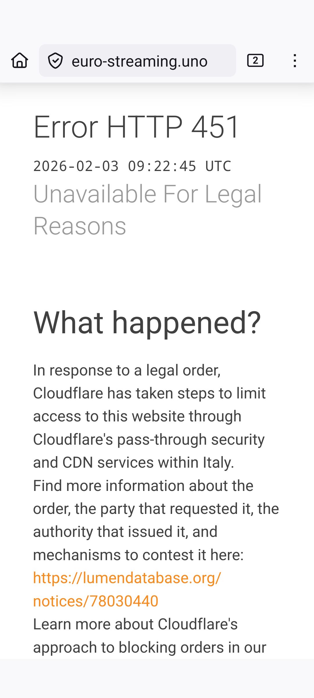 Eurilostreaming bloccato per ragioni legali 