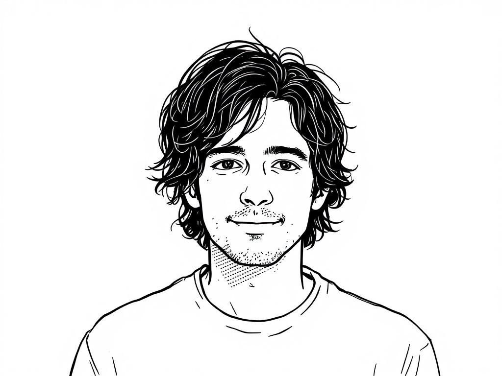 A black and white line drawing of Aaron Swartz with wavy hair, wearing a t-shirt and smiling.