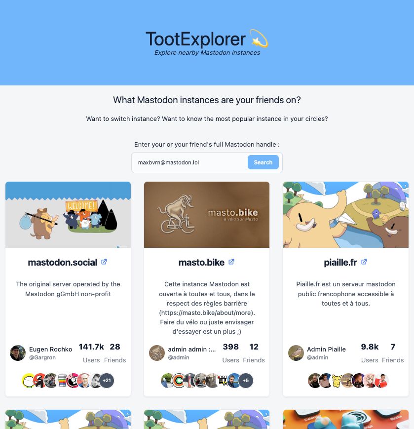 Screenshot of TootExplorer's UI showing the results for the account maxbvrn@mastodon.lol