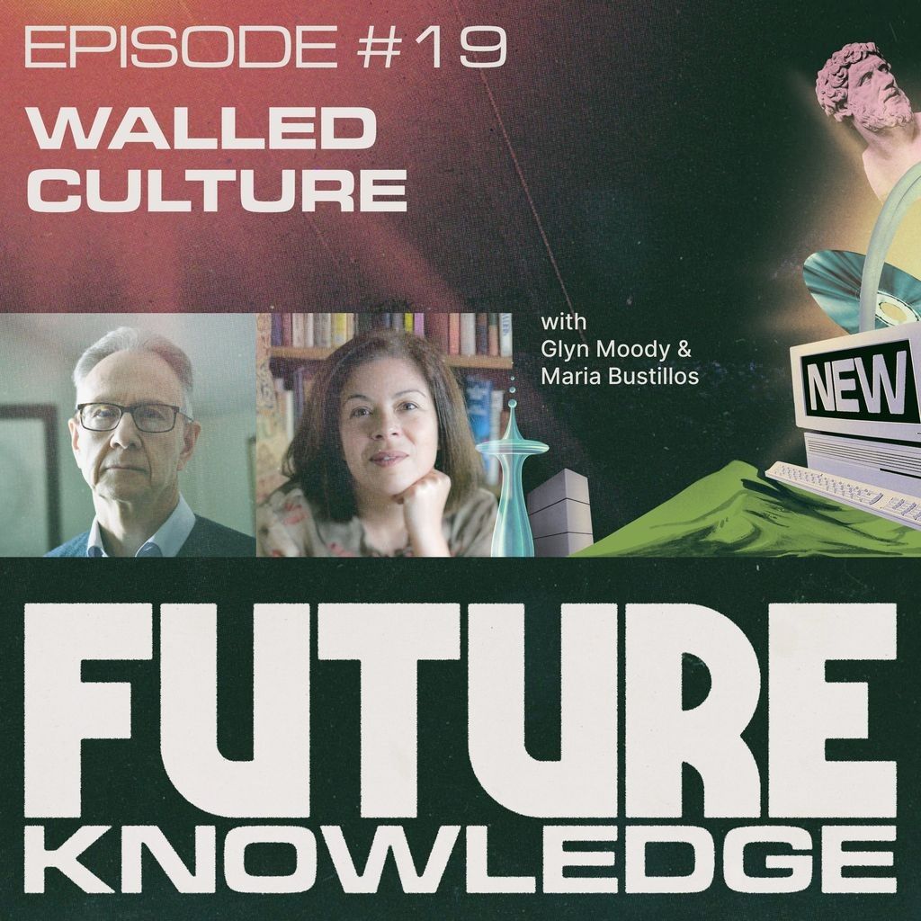 Podcast cover for Episode #19 of "Future Knowledge" titled "Walled Culture." The design features the portraits of Glyn Moody & Maria Bustillos. Alongside the portraits are a classical statue head, a vintage computer with the word "NEW" on its screen, a modernist observation tower, and abstract architectural shapes. The title uses bold, blocky typography, giving the cover a vintage sci-fi aesthetic.
