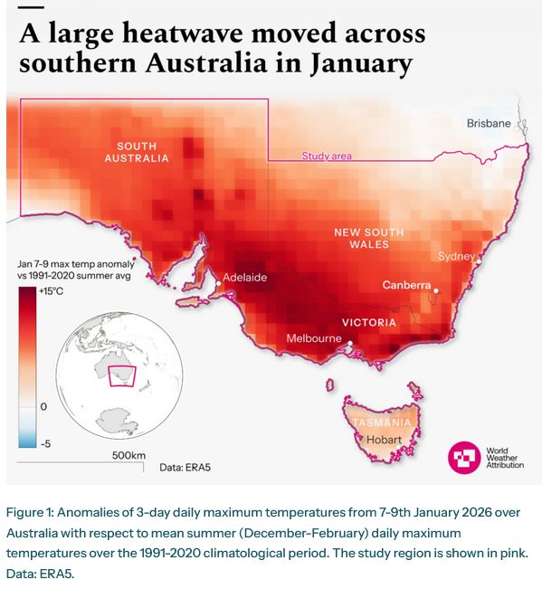 Map showing anomalies of 3-day daily maximum temperatures from 7-9th January 2026 over Australia with respect to mean summer (December-February) daily maximum temperatures over the 1991-2020 climatological period. The study region is shown in pink.
Data: ERA5.