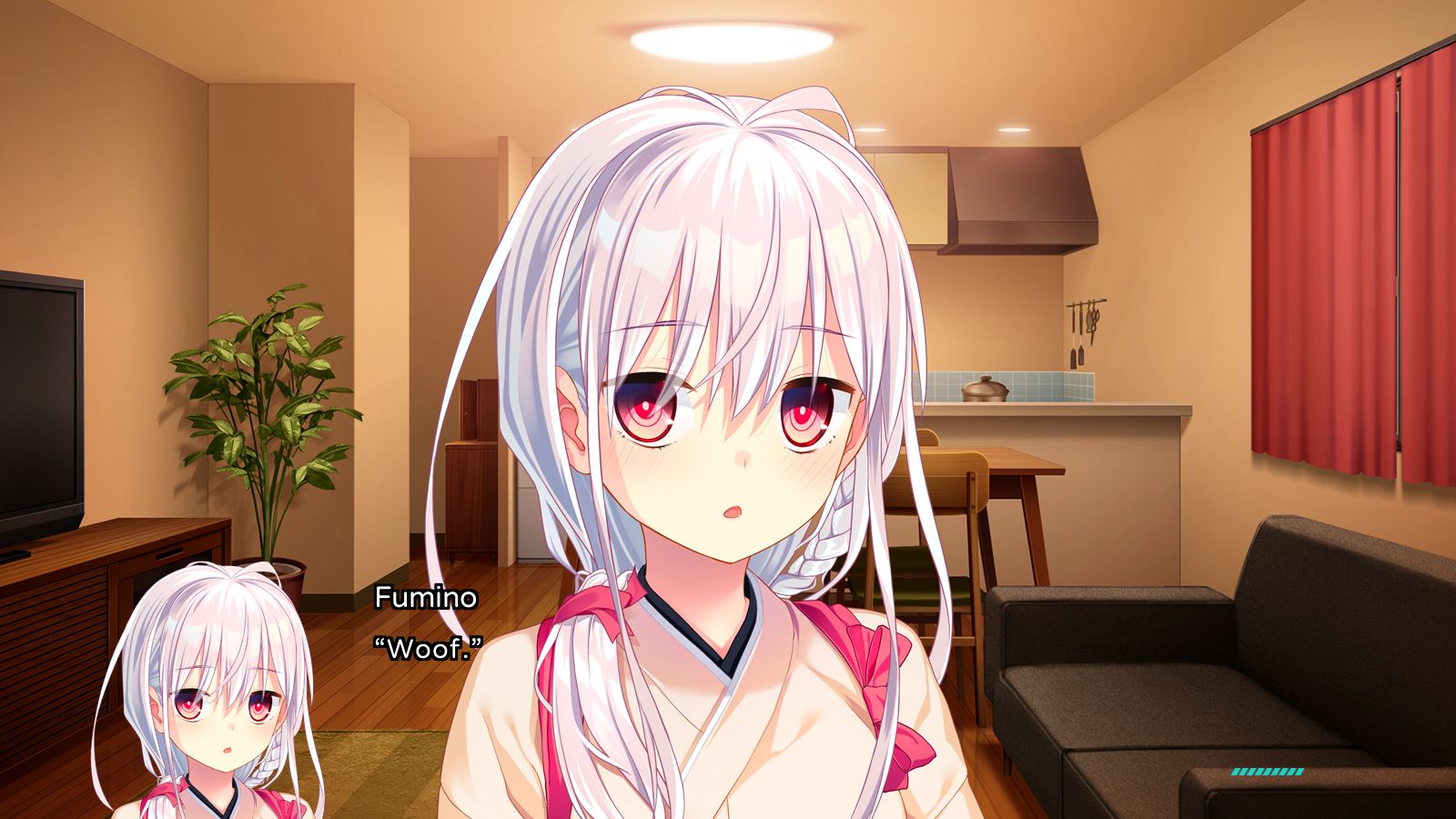 Visual Novel screenshof of a white-haired girl with red eyes, dressed in a pink kimono, saying "Woof."
