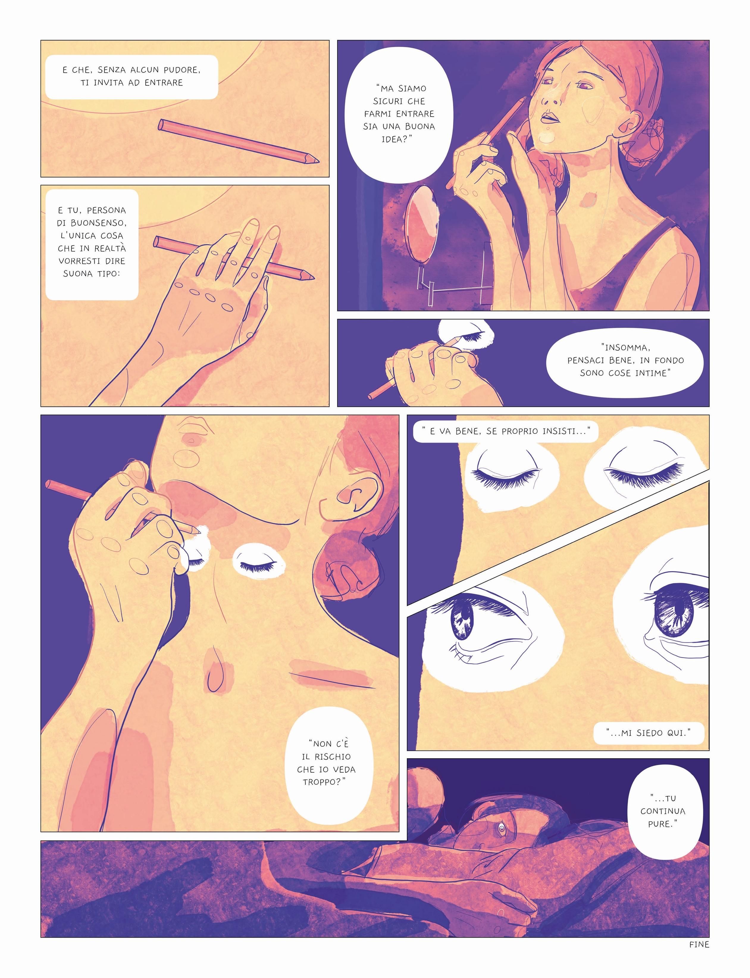 Tavola 2/2 in cui la donna, mentre si trucca davanti allo specchio, si dipinge gli occhi sul collo. il lettore si trova ad assistere al sogno della donna raffigurata, contraddicendo quanto da lei esternato in precedenza. 