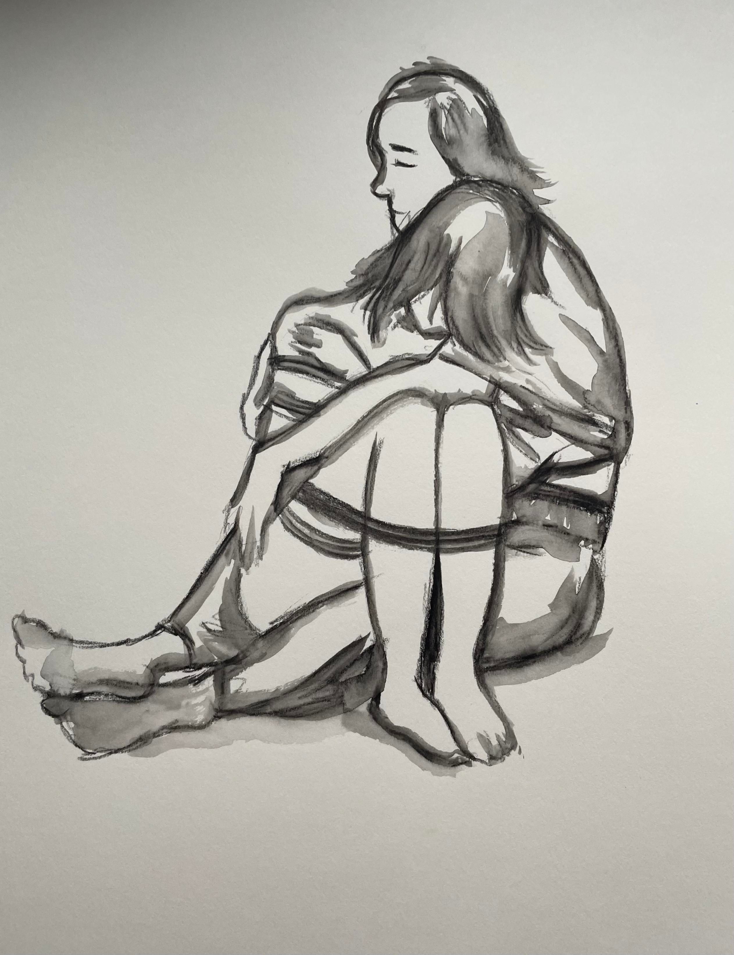A figure drawing of a nonbinary person tied with rope leaning on their partner and sitting in their lap. Their hair obscures their face. 