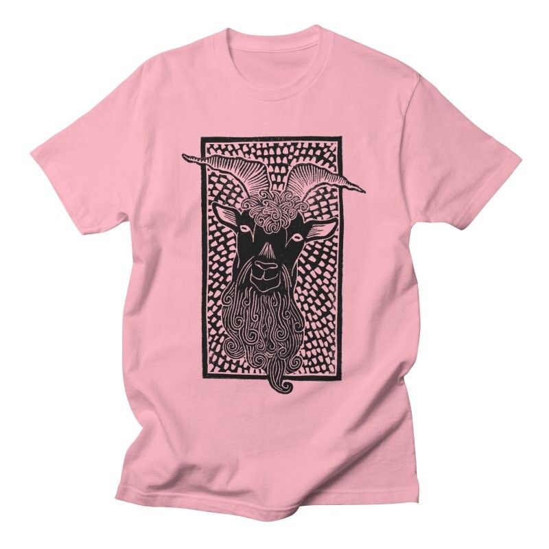 A black goat head print with a scalloped background in a rectangular frame. This image shows it on a men's pink t-shirt