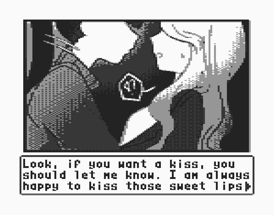 A pixel screenshot of a visual novel game of sorts. A girl with dark hair pushes down a girl with light hair. The text says "Look, if you want a kiss, you should let me know. I am always happy to kiss those sweet lips >"