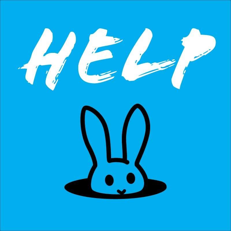 Scritta HELP con icona di un coniglietto che esce dalla tana
