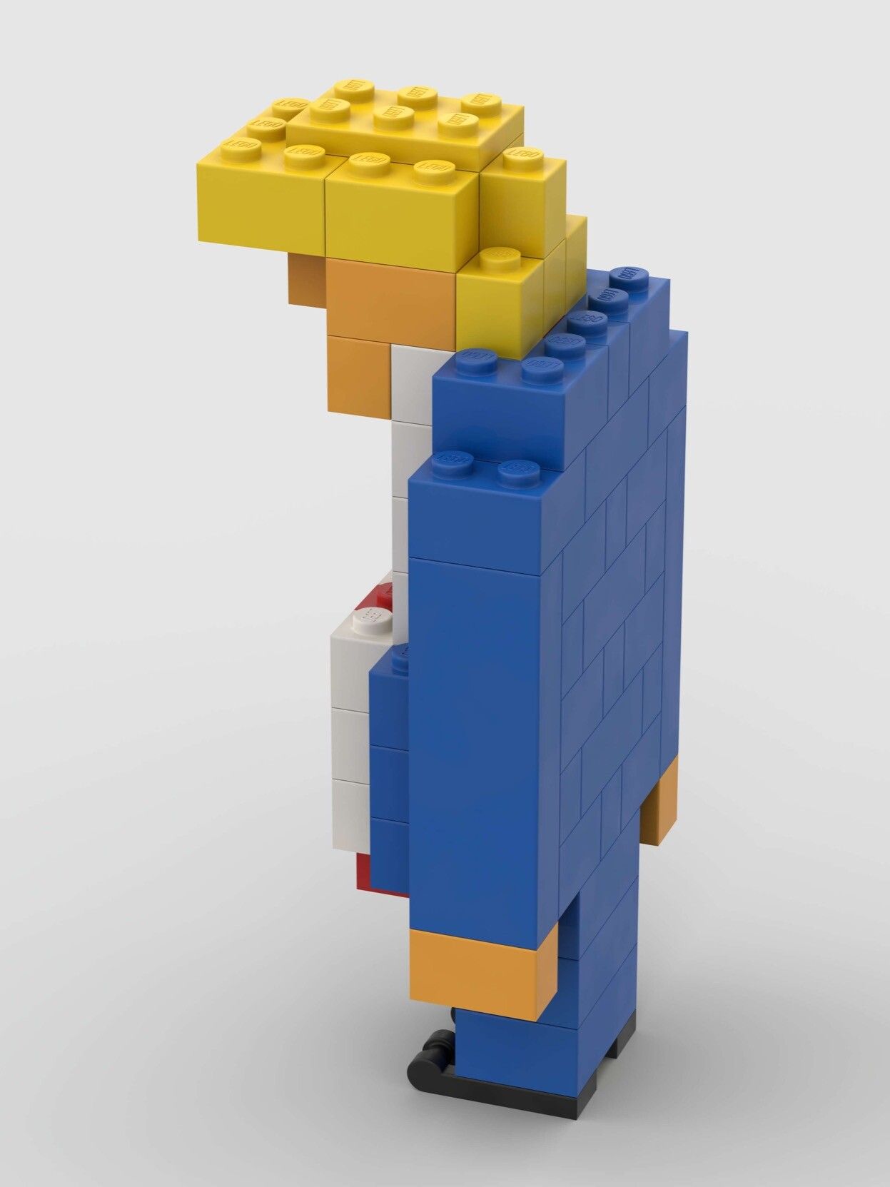 Grumpy Donald Trump as a LEGO build (left side view, slightly from the back).