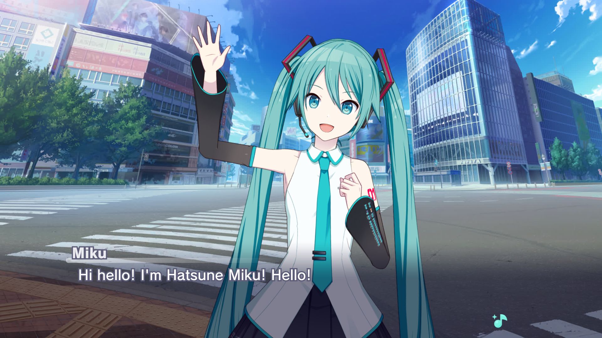 Made from Project Sekai's story board, at Scramble Crossing, Hatsune Miku says "Hi hello! I'm Hatsune Miku! Hello!"