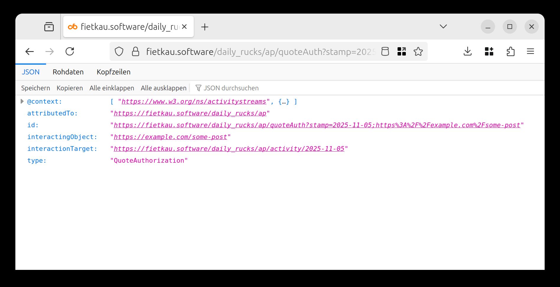 A browser window showing the JSON result for a quote verification stamp. The quoted and quoting post IDs appear as URL parameters and as part of the content.