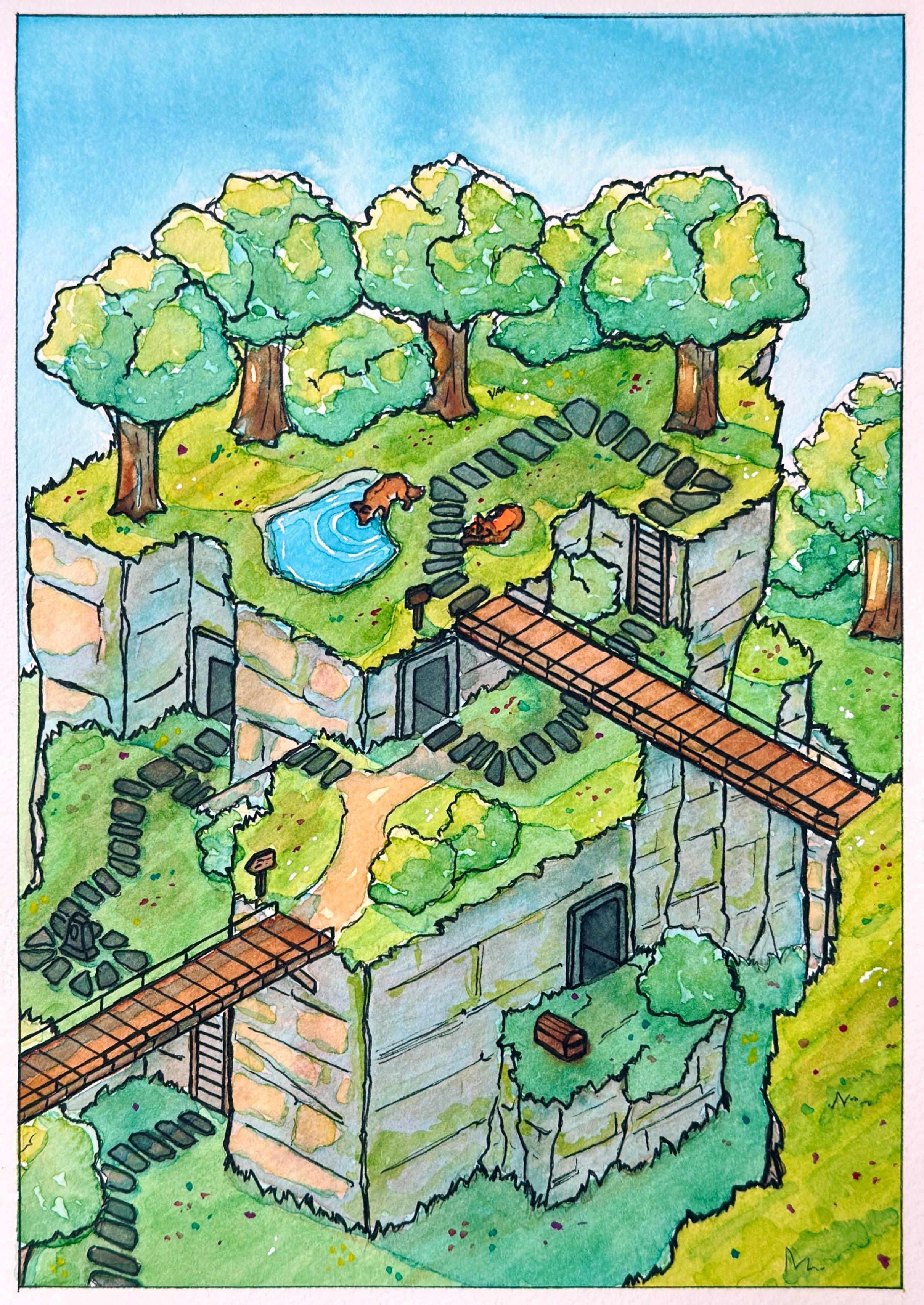 A watercolor painting of some grassy hills in an isometric perspective with a couple of bridges, pathways and doors and two foxes on the top of it, one of them sipping water from a pond while the other one is laying near them.