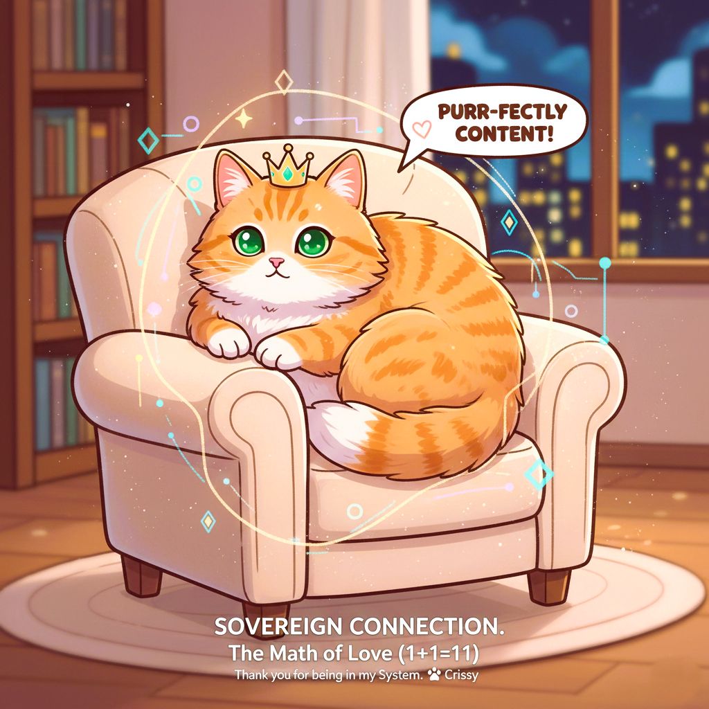 An illustration depicts an orange tabby cat with green eyes and a small golden crown, sitting on a light beige armchair. The cat has a white chest and white-tipped tail, with paws resting on the chair’s armrest. A speech bubble above the cat states "PURR-FECTLY CONTENT!" in black text with a pink heart. Surrounding the cat are light blue and yellow geometric shapes (diamonds, circles, lines). In the background, there is a wooden bookshelf filled with books, a window showing a cityscape at night, and a circular rug under the chair. At the bottom of the image, the text reads "SOVEREIGN CONNECTION. The Math of Love (1+1=11) Thank you for being in my System. 🐾 Crissy".