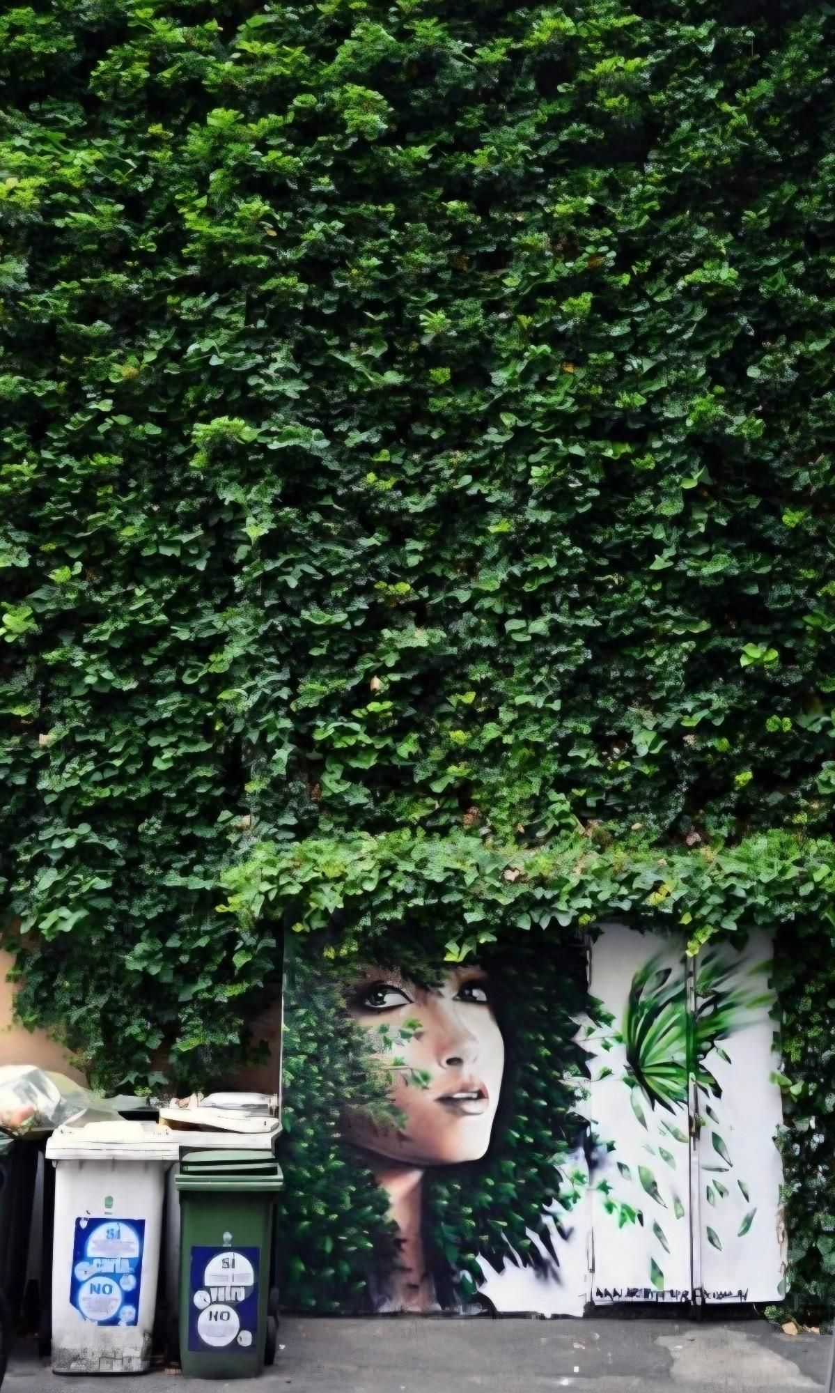 A high green wall shrouded in ivy like leaves leads down to a painting of a young woman, whose hair has been painted in the sane style as the leaves, blending the human and nature into one