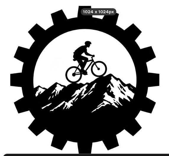 Grafica stilizzata di un ciclista in montagna dentro una ruota dentata (ingranaggio)