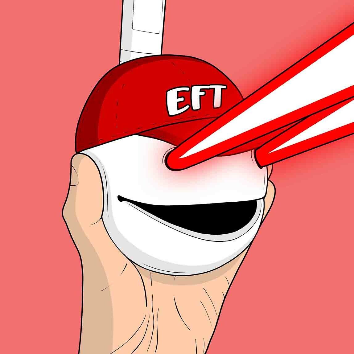 A hand holding a ball face. Wearing a EFT baseball cap. Laser eyes!

Very red.