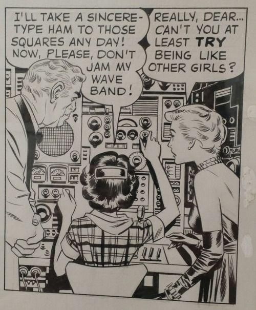 Cartoon art, black-and-white with intricate linework:

An older man in a fancy rich people party jacket stands on the left, with a somewhat younger (trophy wife?) woman in an evening gown, fancy necklace, and those satin gloves that go all the way up her arms.

They are standing over a young woman (girl?) wearing a tartan-pattern blouse with a big floppy collar and loose sleeves, who is sitting in front of a bunch stereotypical old-school radio equipment, replete with knobs, dials, and meters.  She is actively twiddling some knobs, facing the equipment and not really paying close attention to the older folks.

The seated girl says "I'll take a sincere-type ham to those squares any day!  Now, please, don't jam my wave band!"

To which the woman replies "Really, dear... can't you at least TRY being like other girls?"