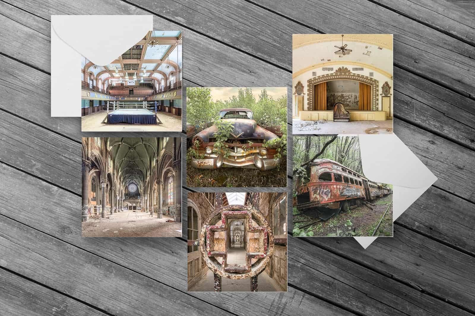 set of 6 square greeting cards showing abandoned buildings and vehicles