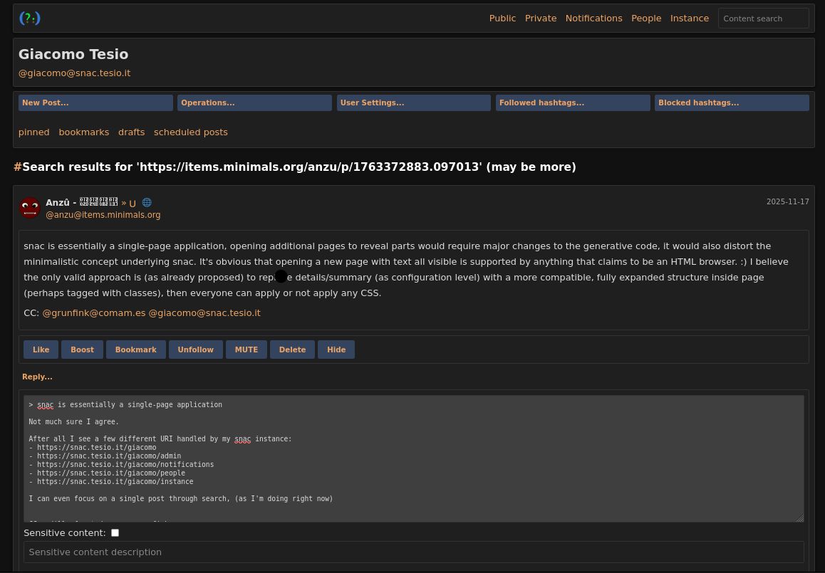 Screenshot of librewolf rendering of a single post obtained through search. The user is writing the post to which this screenshot is attached.