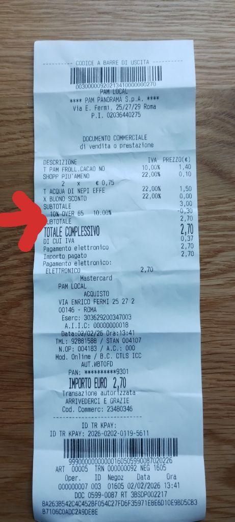 Scontrino del supermercato PAM, evidenziato con una freccia rossa "10% over 65" -0,30