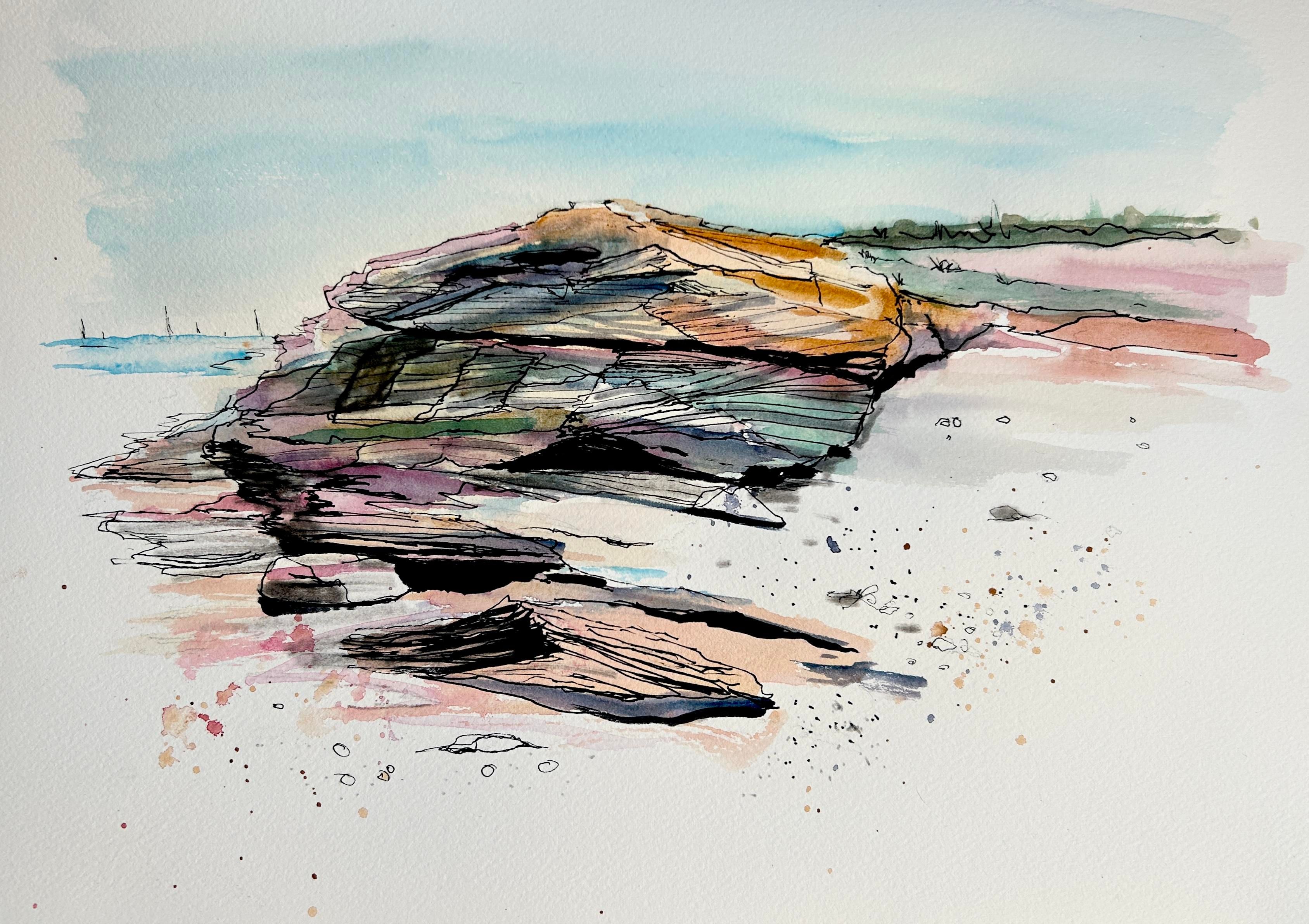 Ink and watercolor painting a rocks on a sandy shore