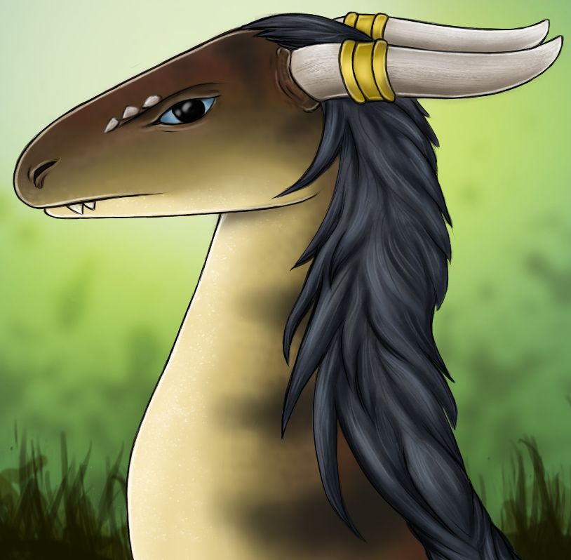 Drawing of a brown dragon, close portrait. This creature is brighter on belly/inner side and has darker gray blurry stripes. It has also black mane and pair of straight horns pointing back. Dragon's skin looks smooth, without visible scales. It is wearing golden rings on its horns.