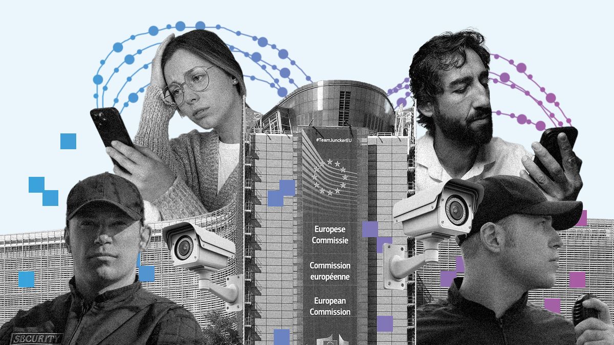 European Commission building in the centre. It is surrounded by 4 people - 2 people in the top are looking at their phones, one looks distressed. 2 people at the bottom are security personnel. CCTV cameras surround the building.