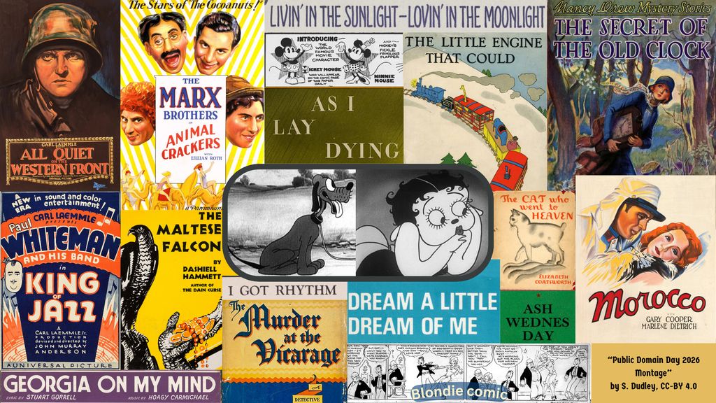 Montage of creative works entering the public domain in the US in 2026.

