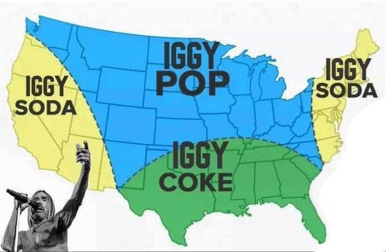 A map of the United States with a picture of Iggy Pop. The Midwest is labeled Iggy Pop. The coastal areas are labeled Iggy Soda and the south is labeled Iggy Coke.