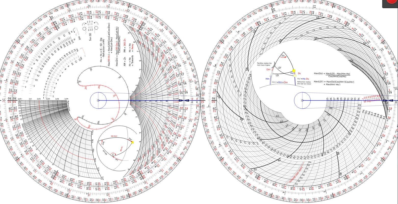 two circular slide rules with diagrams showing the spherical triangles for computing bearings and correcting lunar measurements