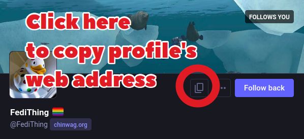 Screenshot of a Mastodon profile viewed through the web interface with the ⧉ copy button highlighted and the caption "Click here to copy profile's web address".