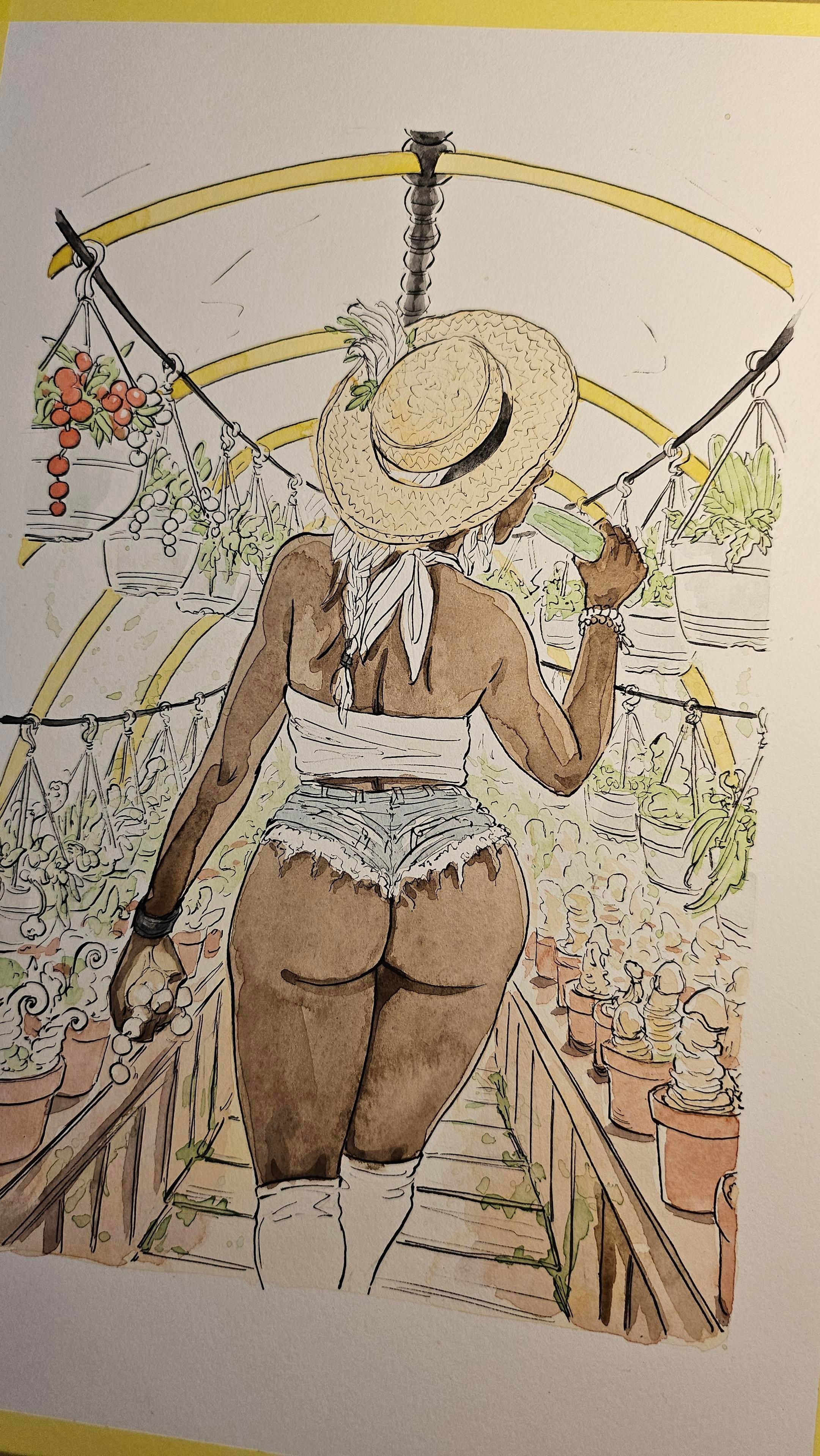 A woman gardener with very small booty shorts on, sampling her gherkins