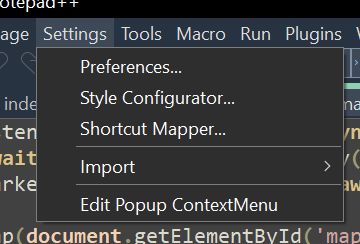 An open menu from Notepad++ showing Settings as the button with the top menu item being called Preferences.